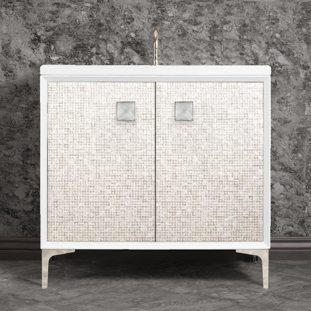 polished nickel with eglomisé prism glass vanity