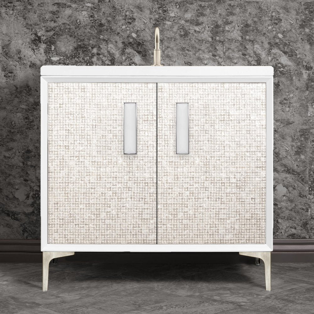 satin nickel with white prism glass vanity