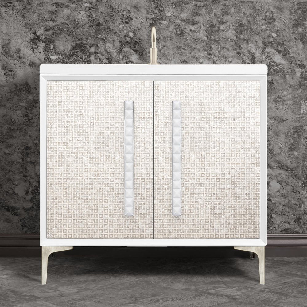 satin nickel with white pyramid glass vanity