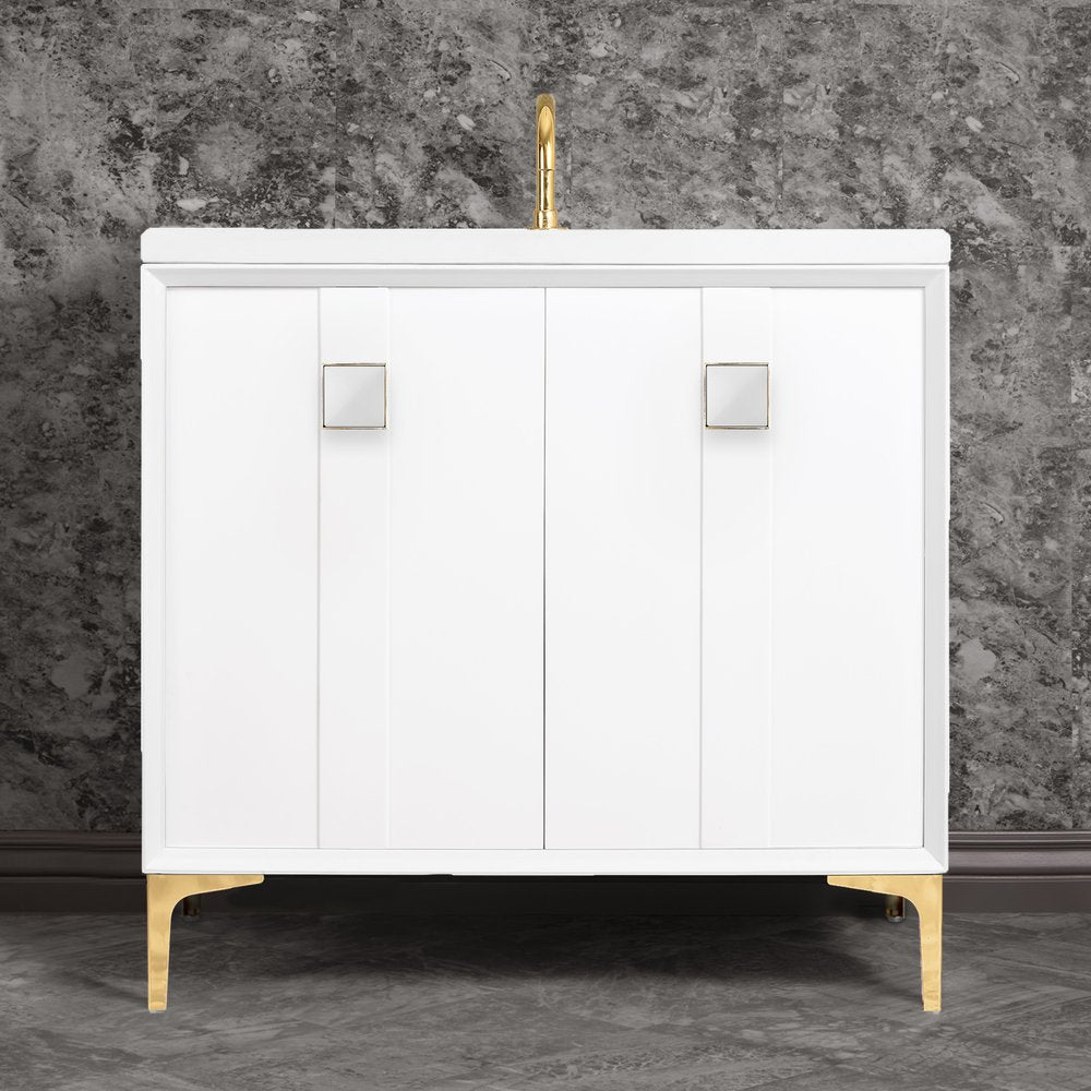 polished brass with white prism glass vanity