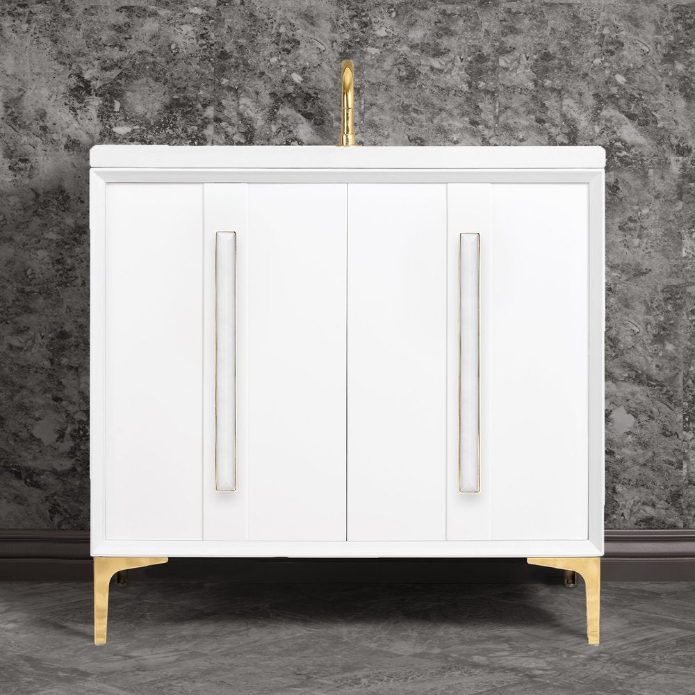 polished brass with white prism glass vanity