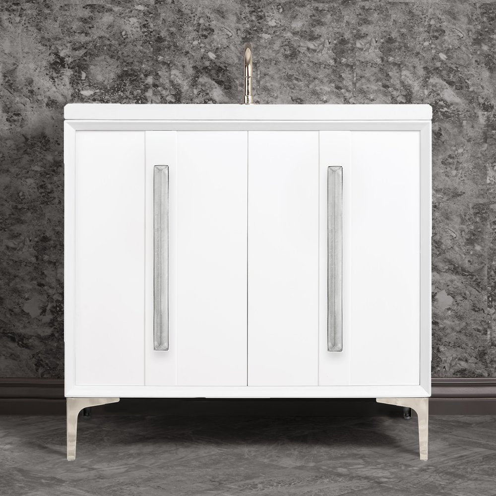 polished nickel with white pyramid glass vanity