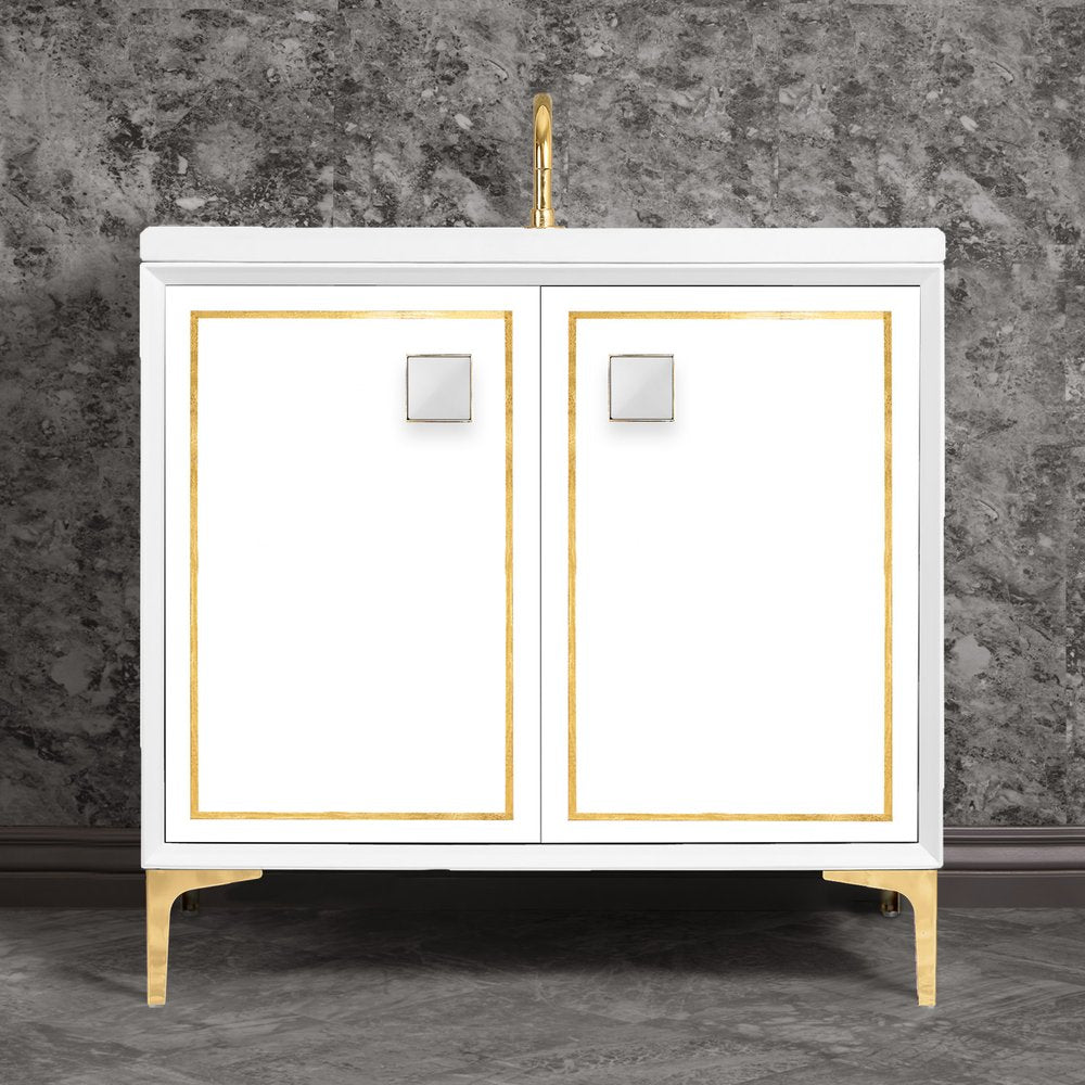 polished brass with white prism glass vanity