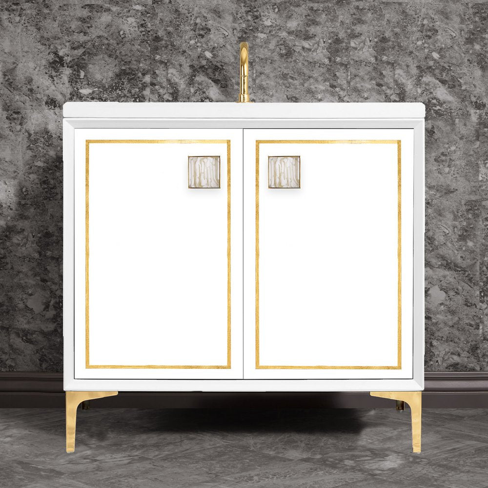 polished brass with white tiger prism glass vanity