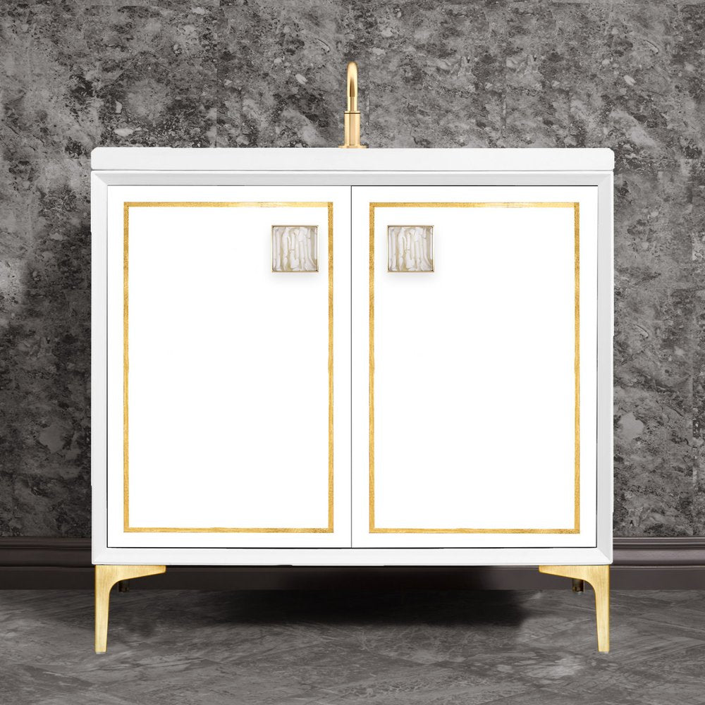 satin brass with white tiger prism glass vanity