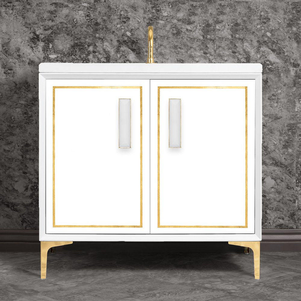 polished brass with white prism glass vanity