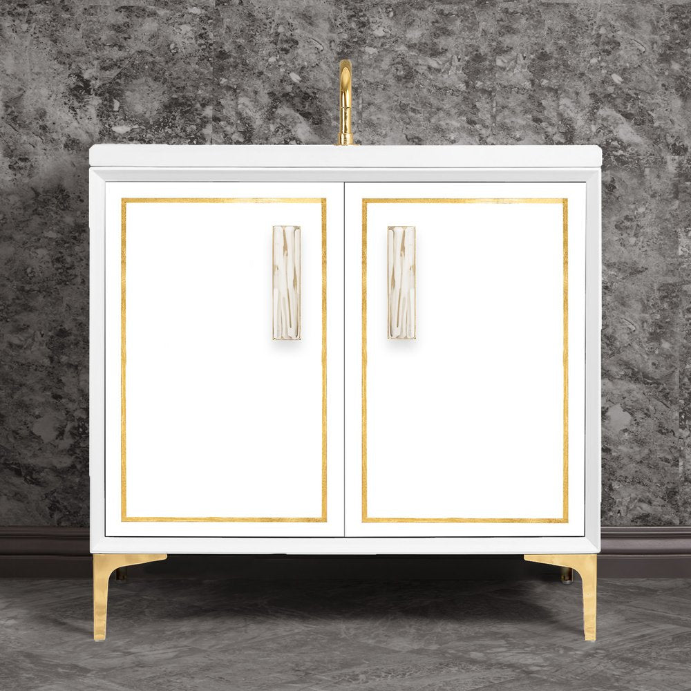 polished brass with white tiger prism glass vanity