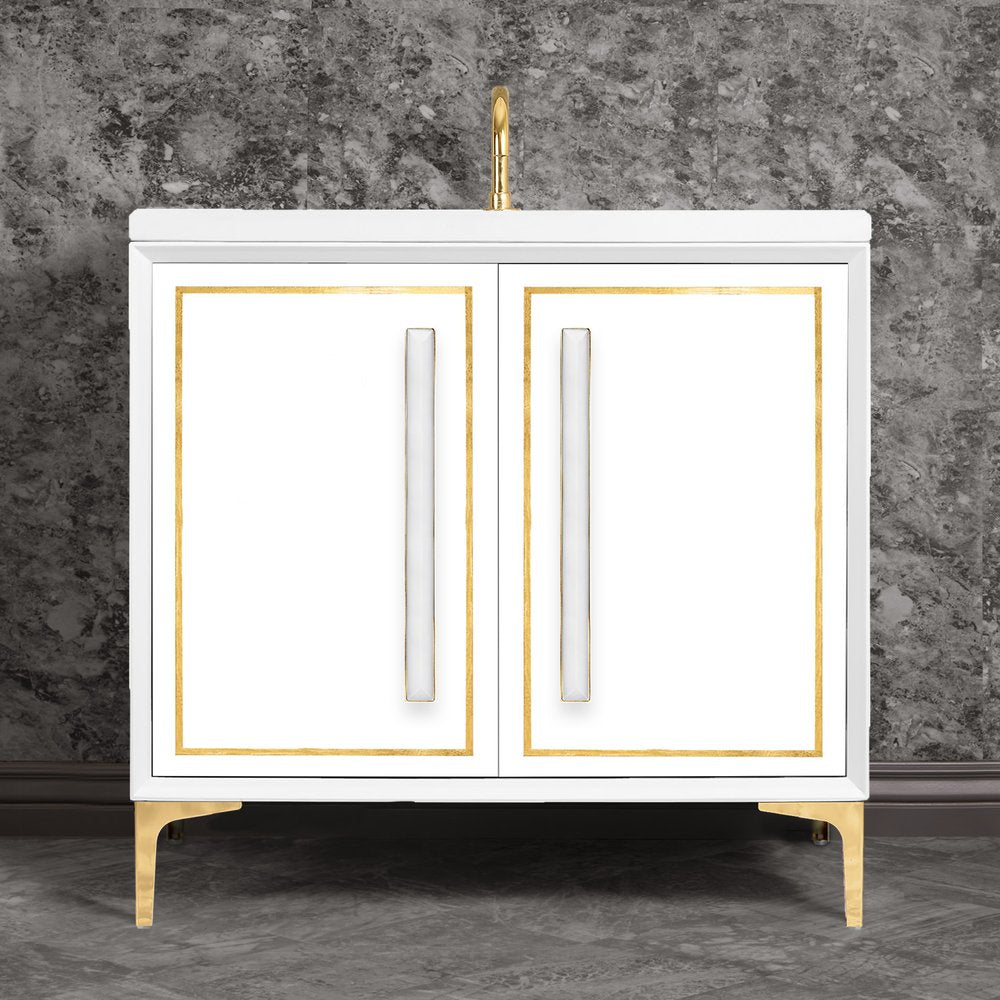 polished brass with white prism glass vanity