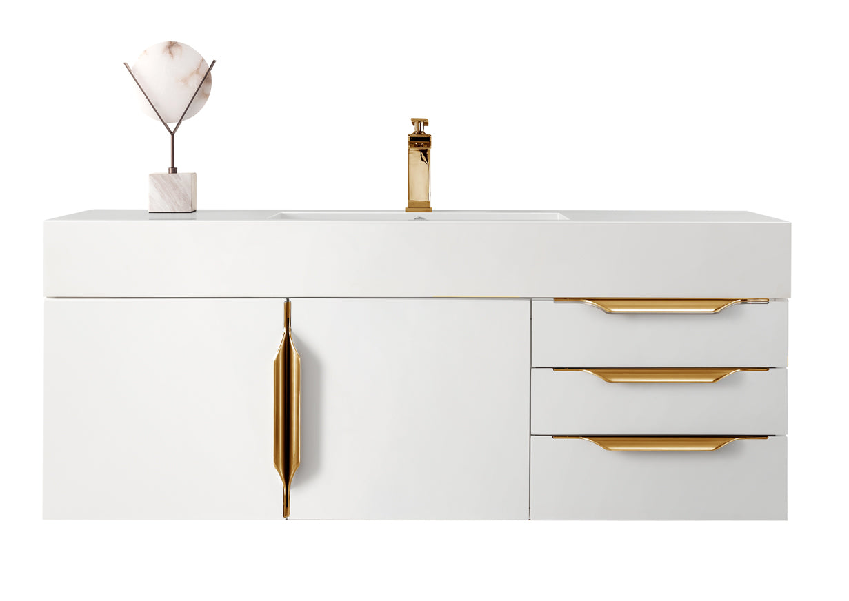 James Martin Vanities Columbia 48" Single Wall Mount Vanity With Radiant Gold Base Glossy White Composite Stone Top