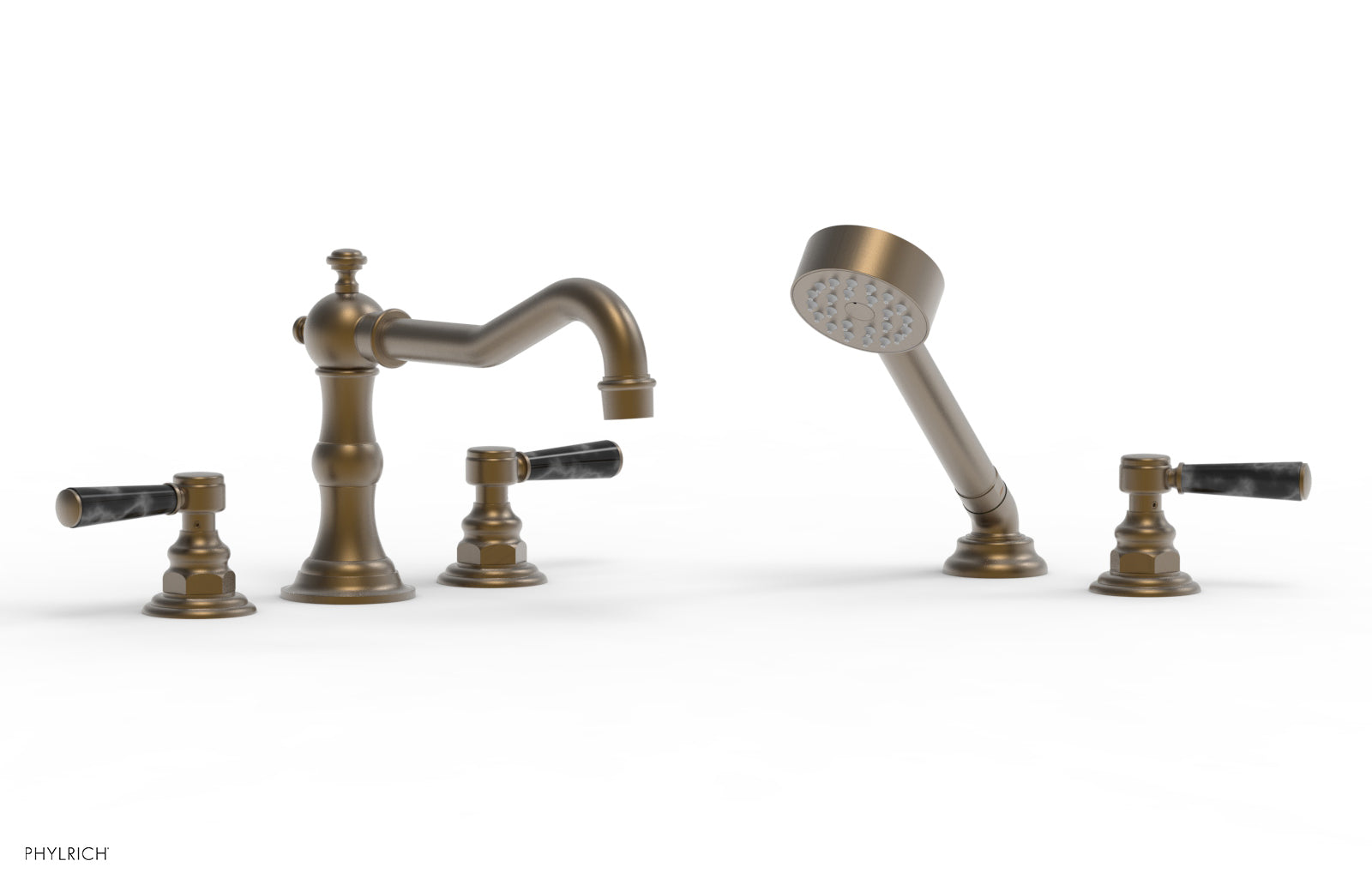 Phylrich HENRI Deck Tub Set with Hand Shower with Black Marble Handles
