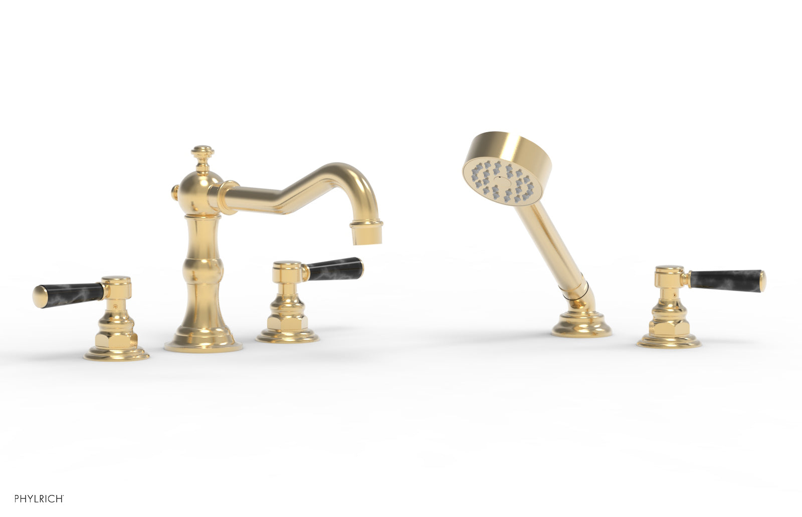 Phylrich HENRI Deck Tub Set with Hand Shower with Black Marble Handles