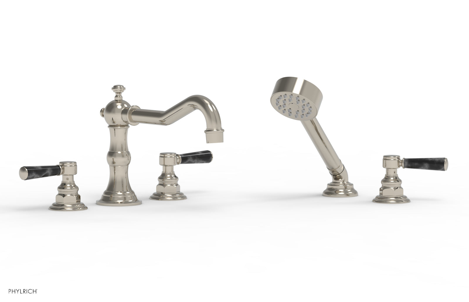 Phylrich HENRI Deck Tub Set with Hand Shower with Black Marble Handles