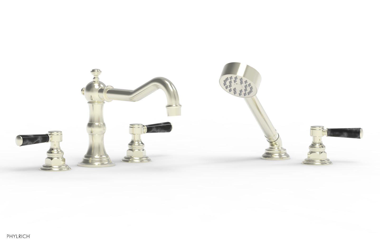 Phylrich HENRI Deck Tub Set with Hand Shower with Black Marble Handles