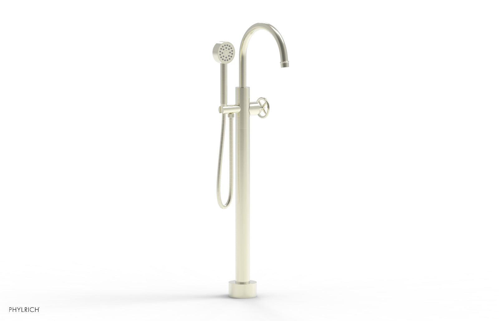Phylrich WORKS Tall Floor Mount Tub Filler - Cross Handle with Hand Shower