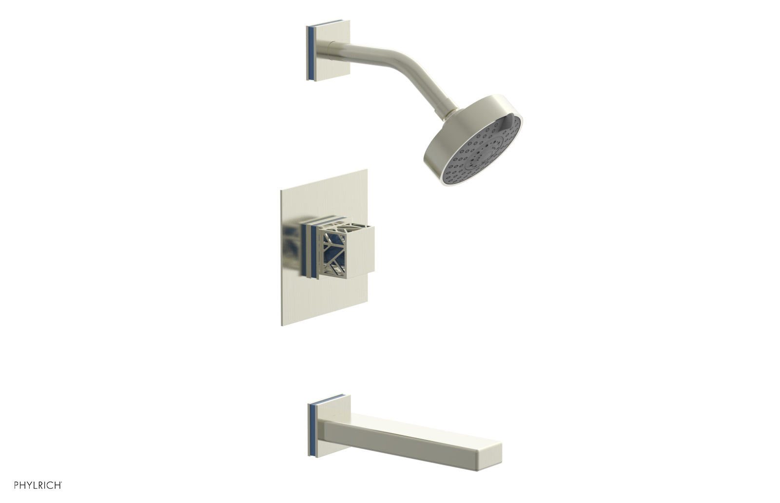 Phylrich JOLIE Pressure Balance Tub and Shower Set - Square Handle wth "Light Blue" Accents
