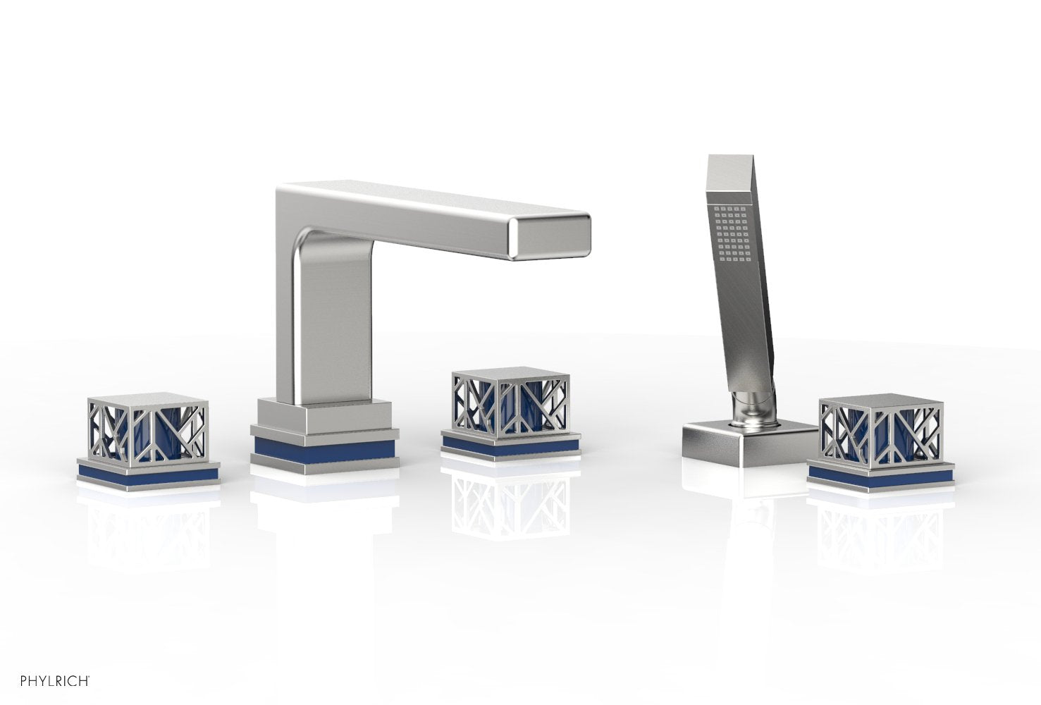 Phylrich JOLIE Deck Tub Set with Hand Shower - Square Handles with "Navy Blue" Accents