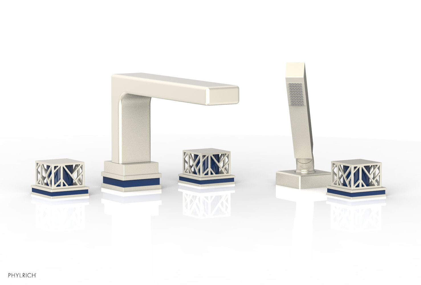 Phylrich JOLIE Deck Tub Set with Hand Shower - Square Handles with "Navy Blue" Accents