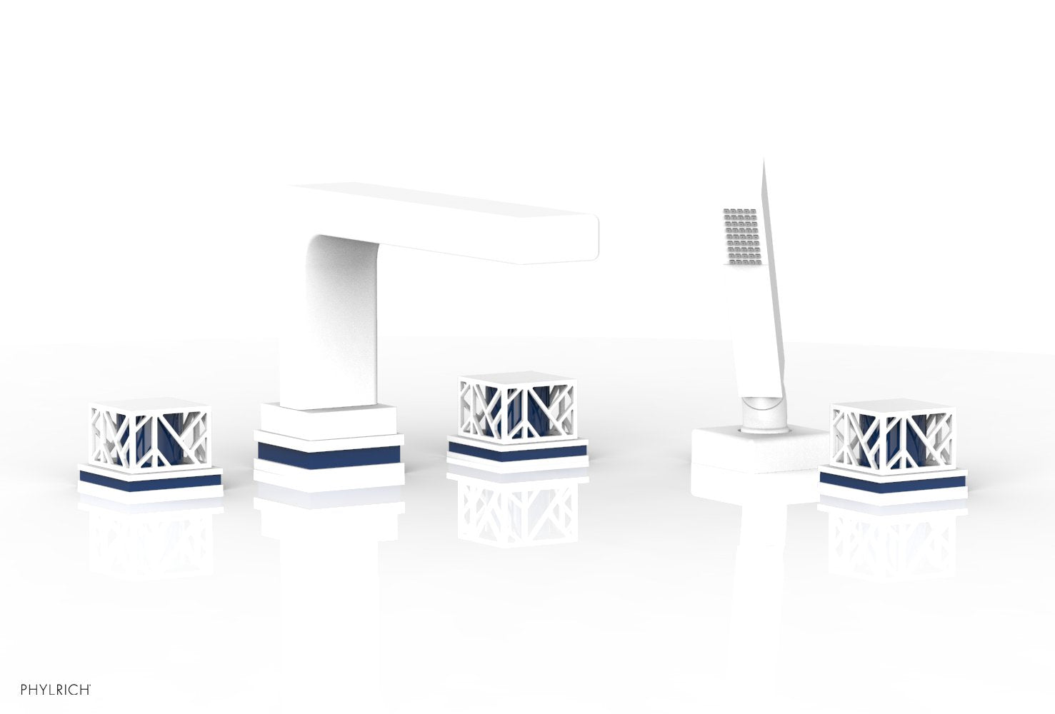 Phylrich JOLIE Deck Tub Set with Hand Shower - Square Handles with "Navy Blue" Accents