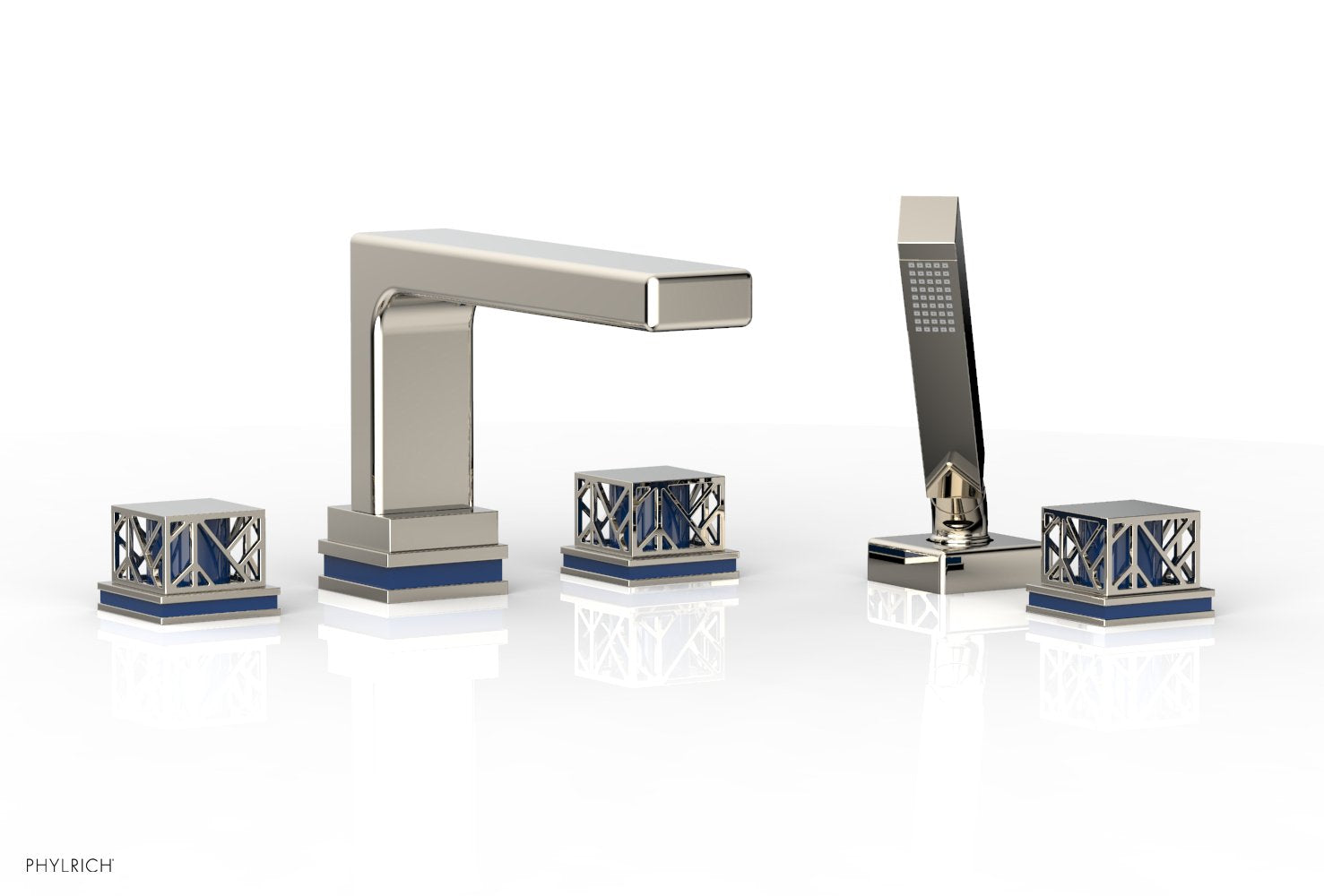 Phylrich JOLIE Deck Tub Set with Hand Shower - Square Handles with "Navy Blue" Accents