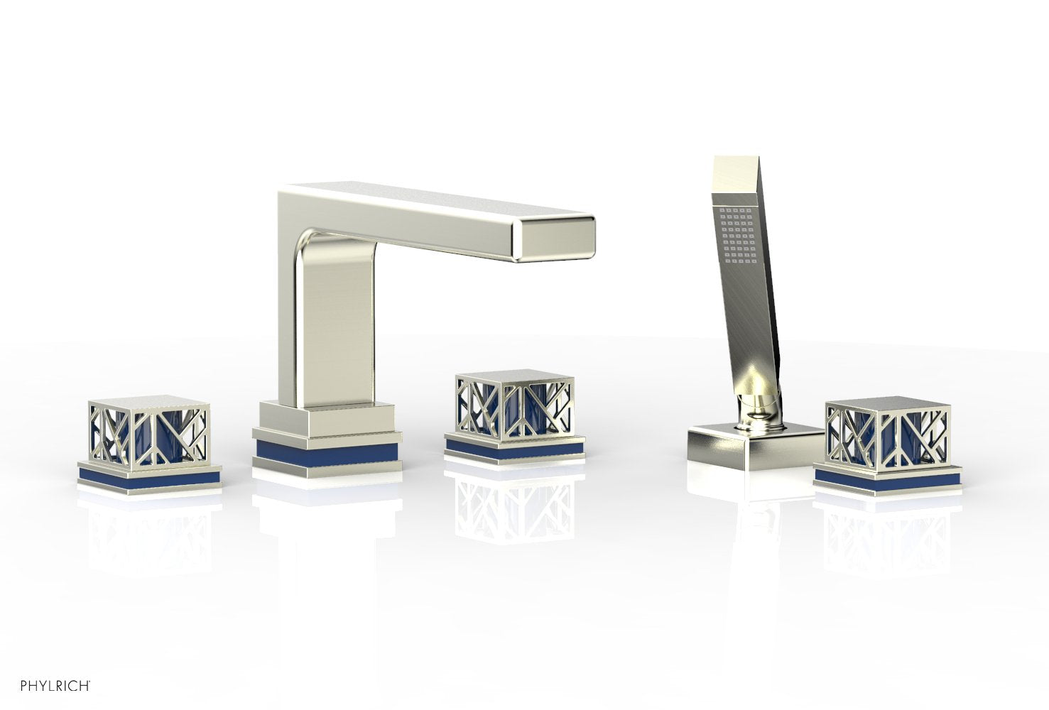 Phylrich JOLIE Deck Tub Set with Hand Shower - Square Handles with "Navy Blue" Accents