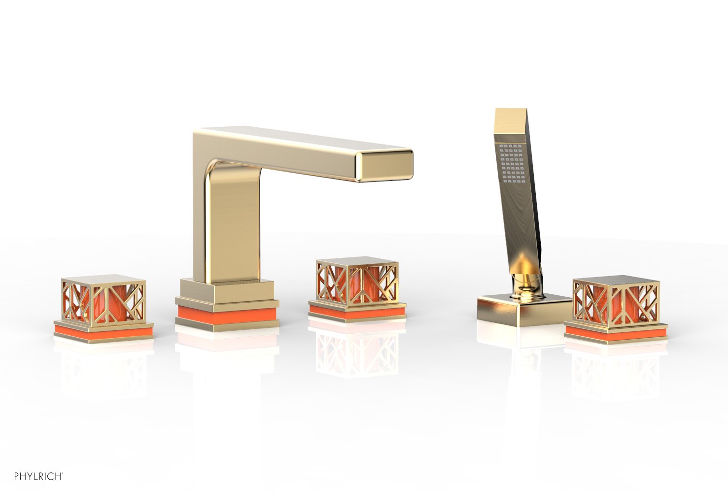 Phylrich JOLIE Deck Tub Set with Hand Shower - Square Handles with "Orange" Accents