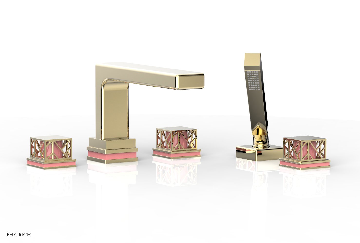 Phylrich JOLIE Deck Tub Set with Hand Shower - Square Handles with "Pink" Accents