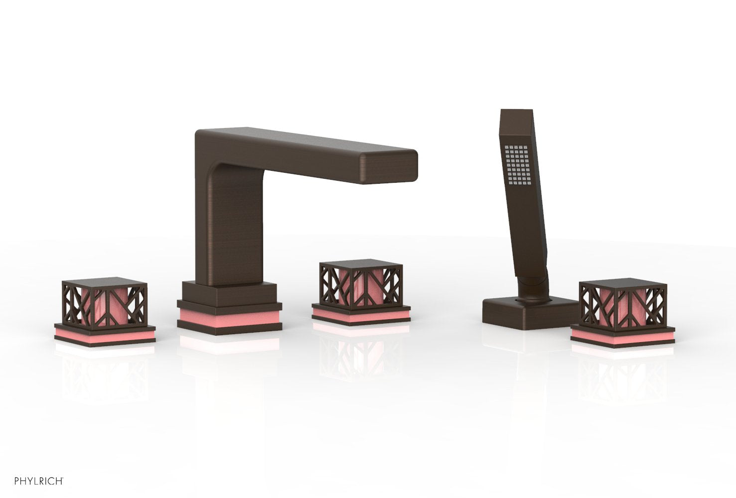 Phylrich JOLIE Deck Tub Set with Hand Shower - Square Handles with "Pink" Accents