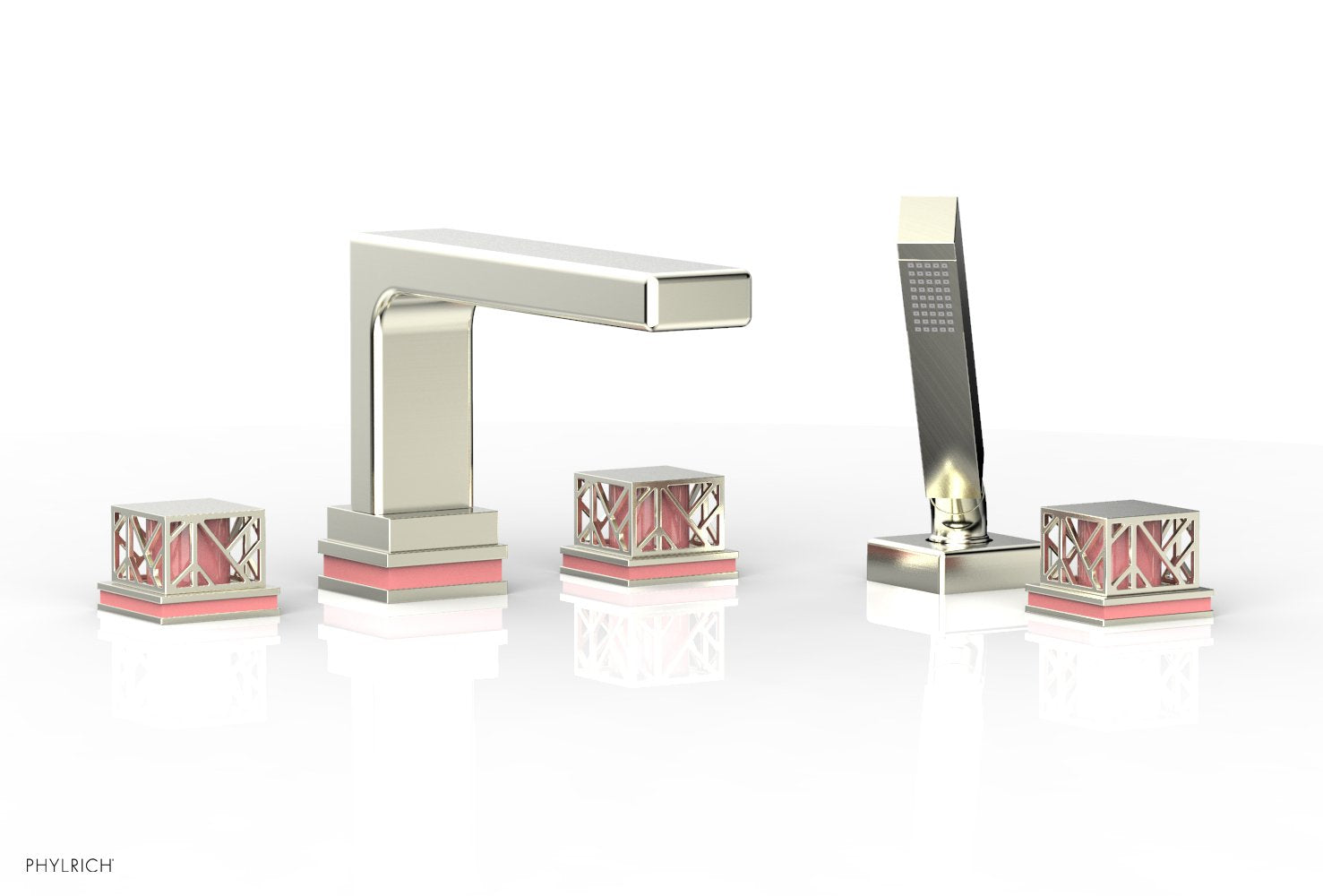 Phylrich JOLIE Deck Tub Set with Hand Shower - Square Handles with "Pink" Accents