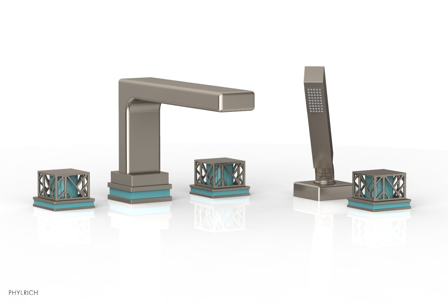Phylrich JOLIE Deck Tub Set with Hand Shower - Square Handles with "Turquoise" Accents
