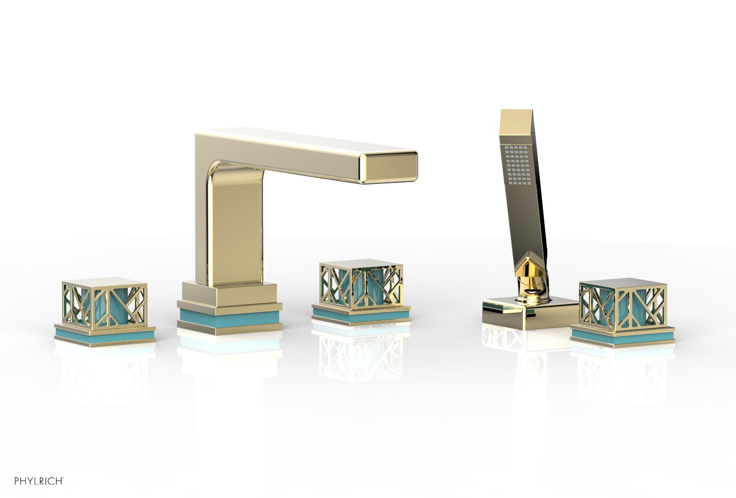 Phylrich JOLIE Deck Tub Set with Hand Shower - Square Handles with "Turquoise" Accents