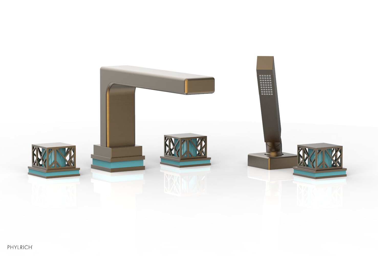 Phylrich JOLIE Deck Tub Set with Hand Shower - Square Handles with "Turquoise" Accents