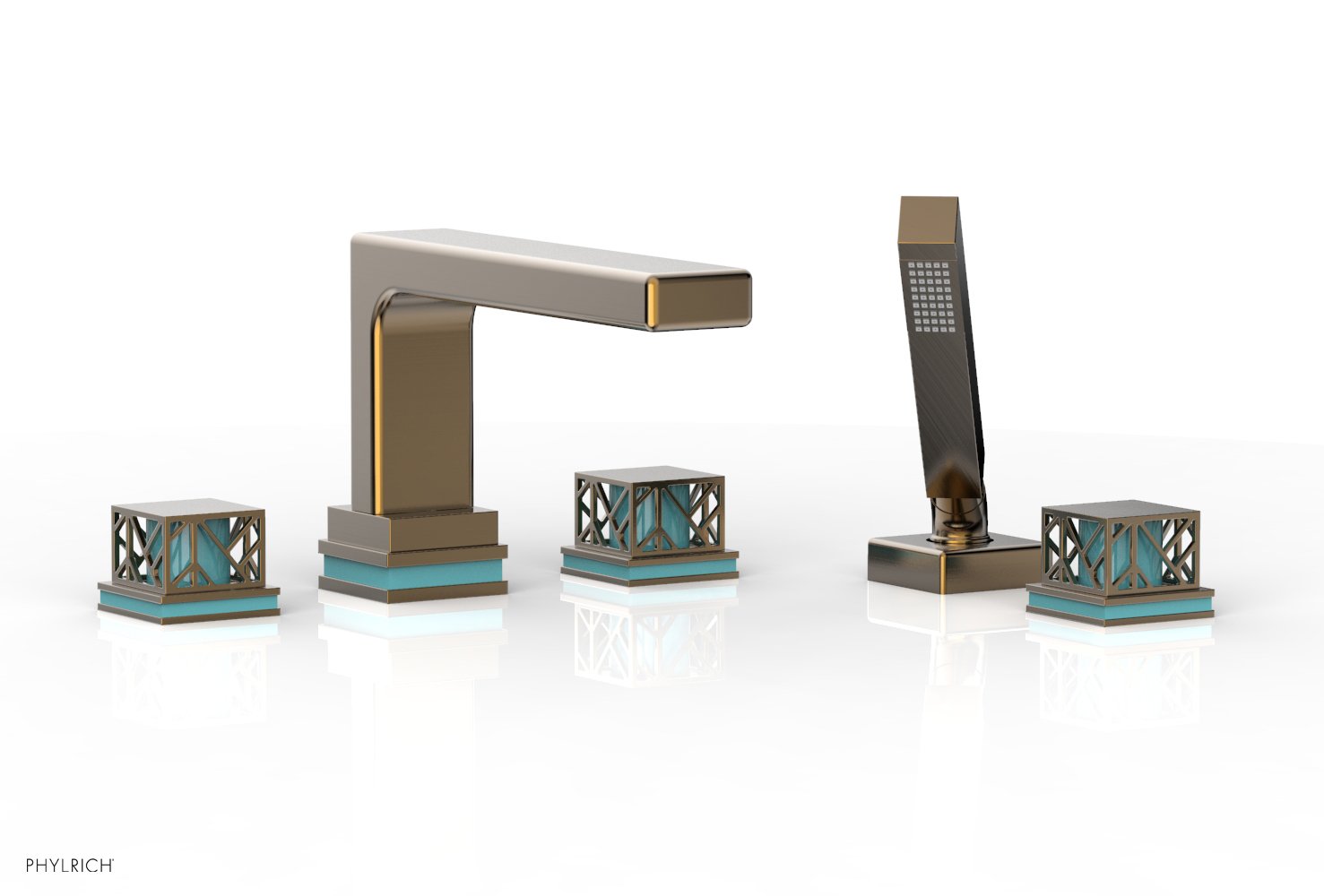 Phylrich JOLIE Deck Tub Set with Hand Shower - Square Handles with "Turquoise" Accents