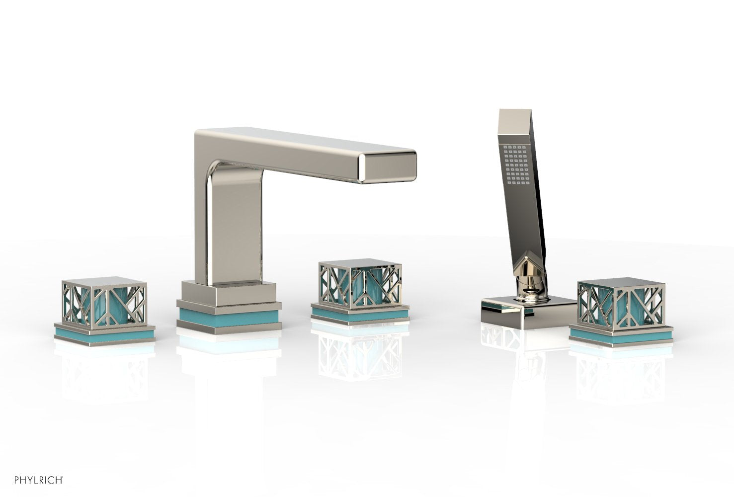 Phylrich JOLIE Deck Tub Set with Hand Shower - Square Handles with "Turquoise" Accents