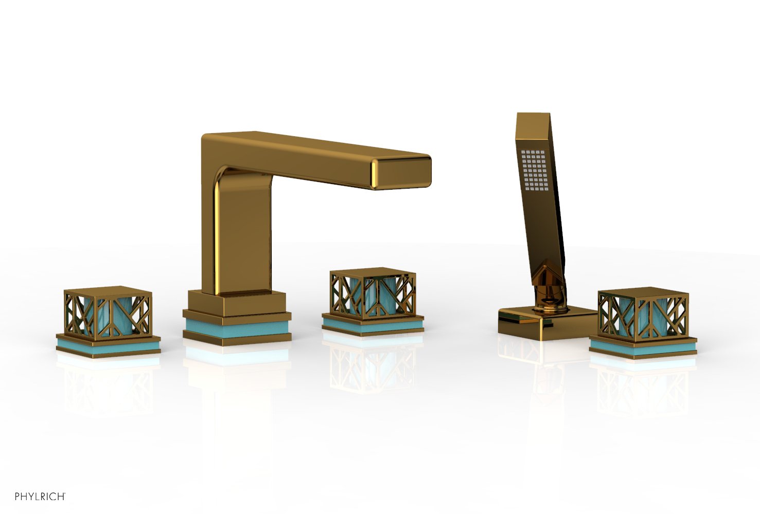 Phylrich JOLIE Deck Tub Set with Hand Shower - Square Handles with "Turquoise" Accents