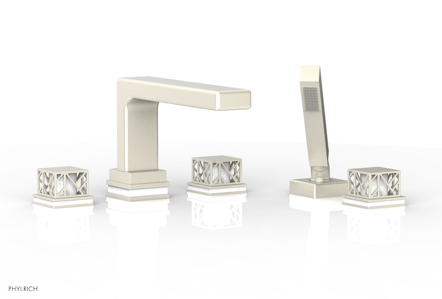 Phylrich JOLIE Deck Tub Set with Hand Shower - Square Handles with "White" Accents