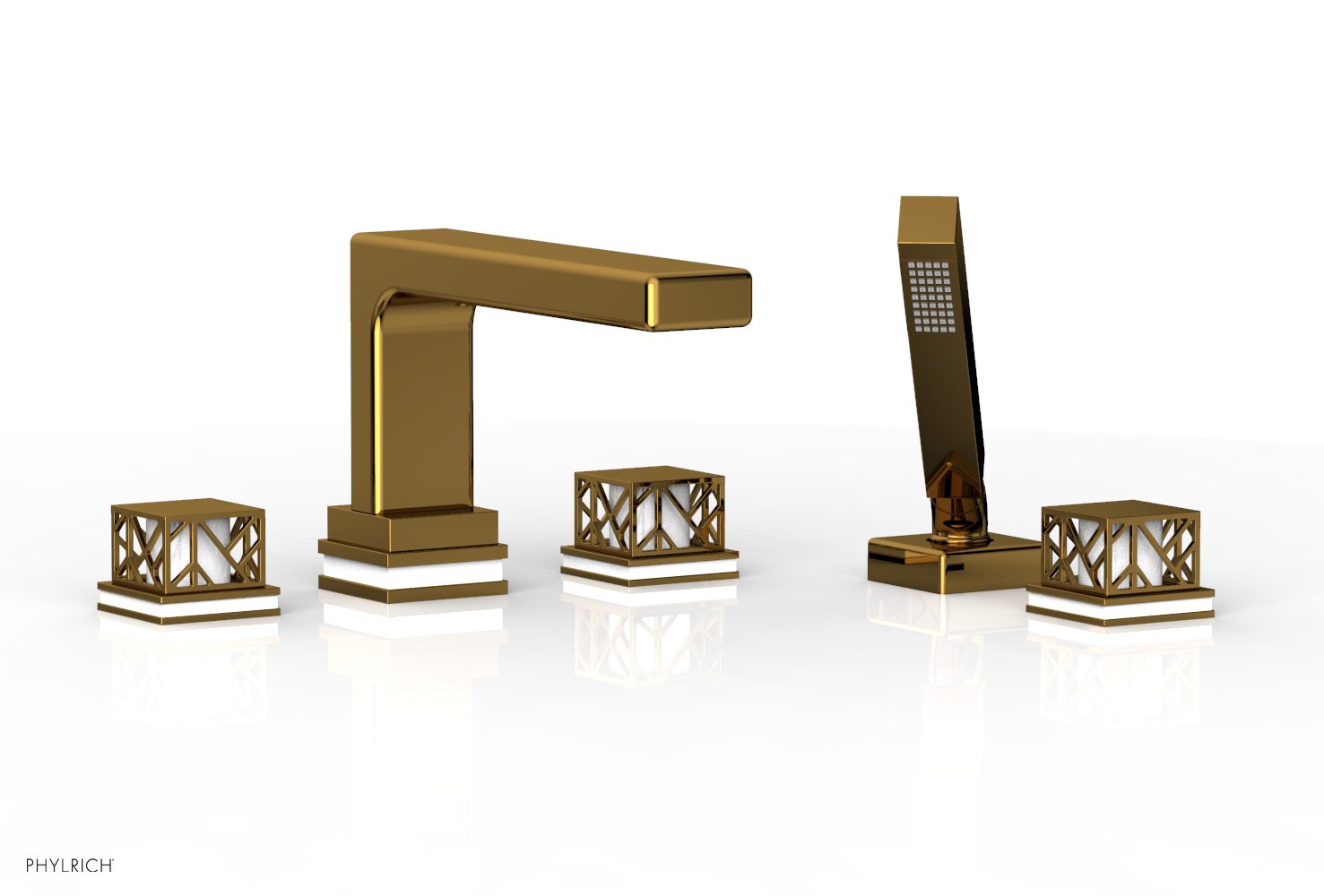 Phylrich JOLIE Deck Tub Set with Hand Shower - Square Handles with "White" Accents