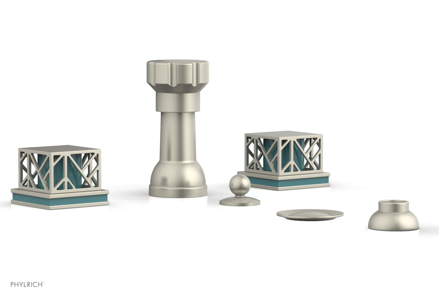 Phylrich JOLIE Four Hole Bidet Set - Square Handles with "Turquoise Accents"