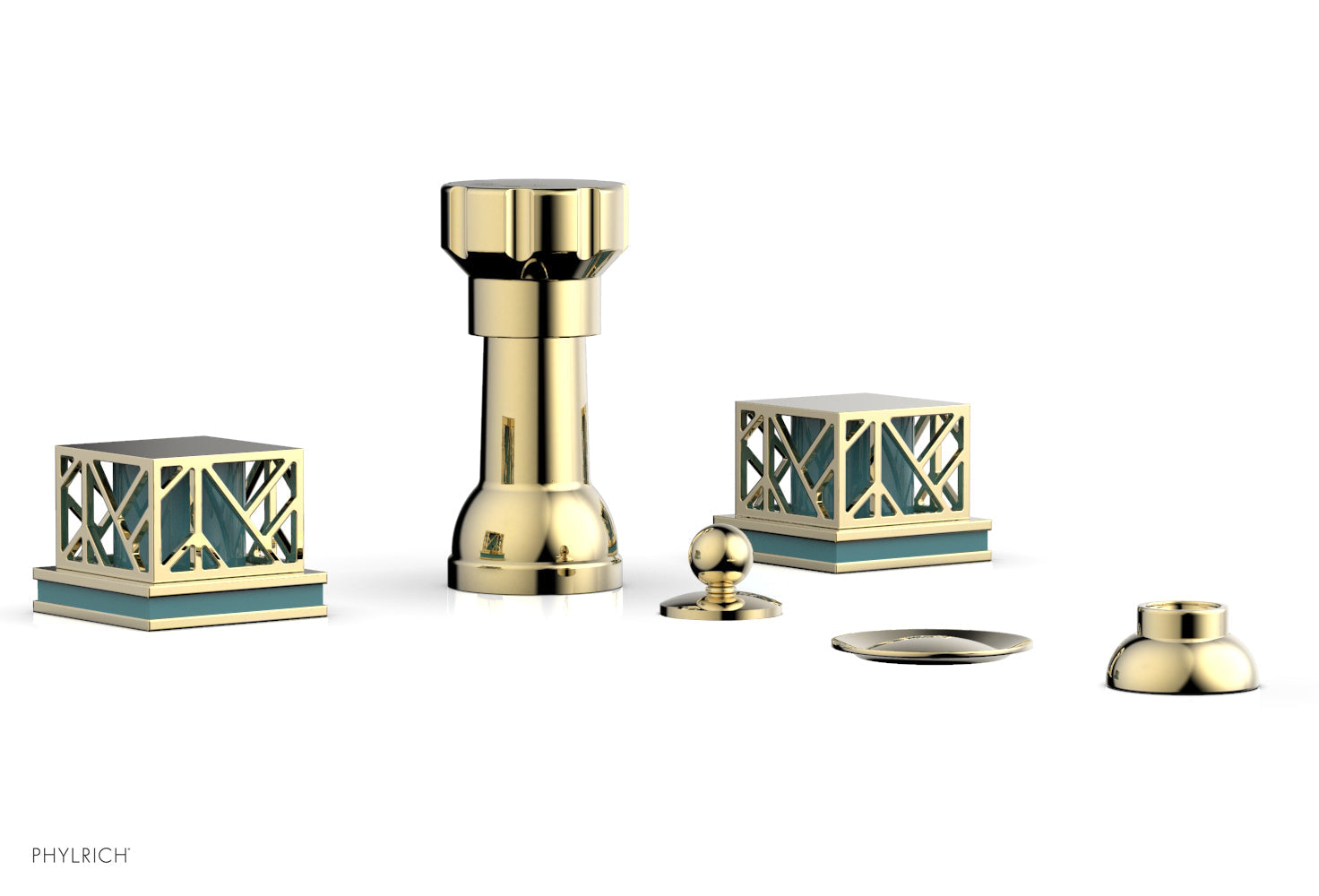 Phylrich JOLIE Four Hole Bidet Set - Square Handles with "Turquoise Accents"