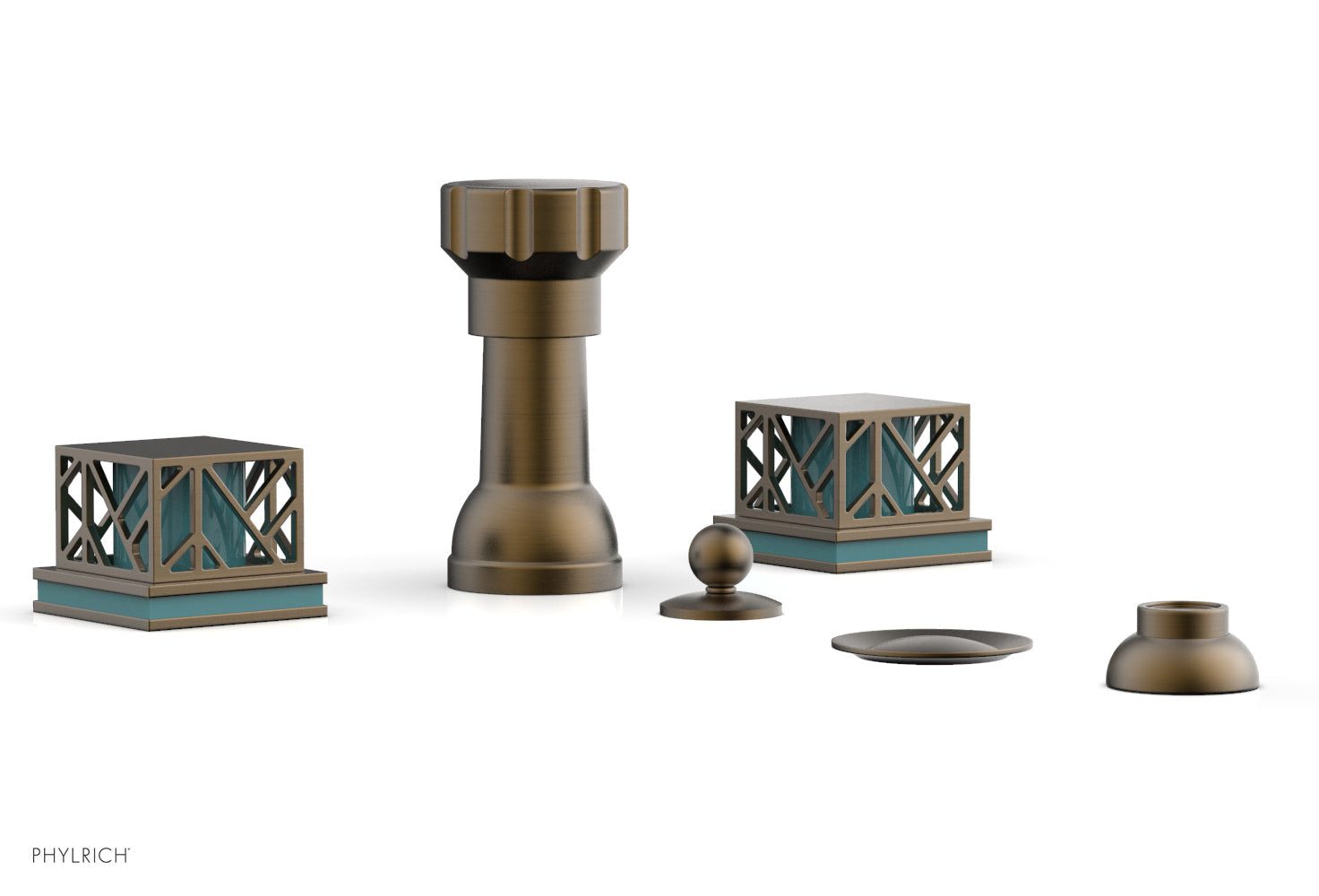Phylrich JOLIE Four Hole Bidet Set - Square Handles with "Turquoise Accents"