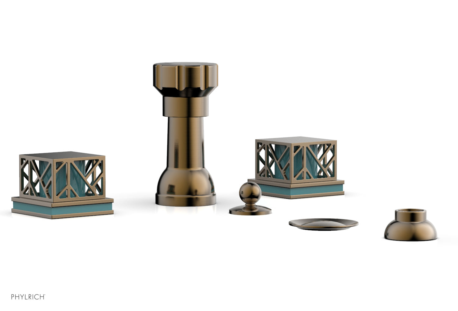 Phylrich JOLIE Four Hole Bidet Set - Square Handles with "Turquoise Accents"