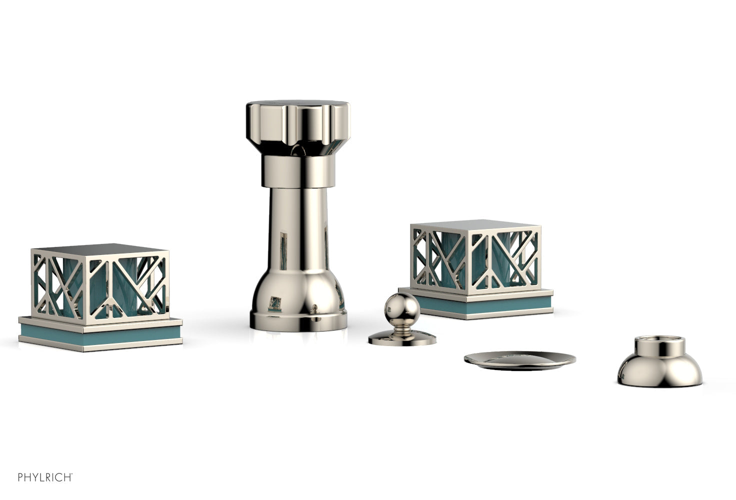 Phylrich JOLIE Four Hole Bidet Set - Square Handles with "Turquoise Accents"