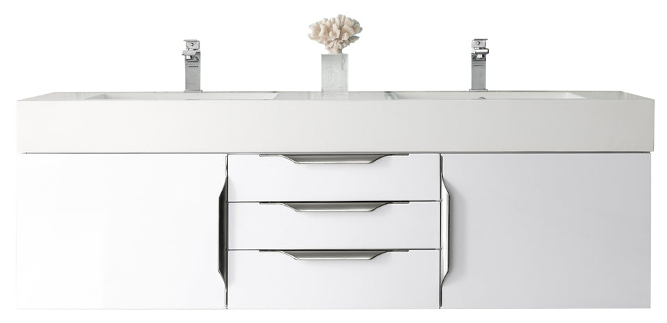 James Martin Vanities Columbia 59" Double Wall Mount Vanity With Brushed Nickel Base and Glossy White Composite Stone Top