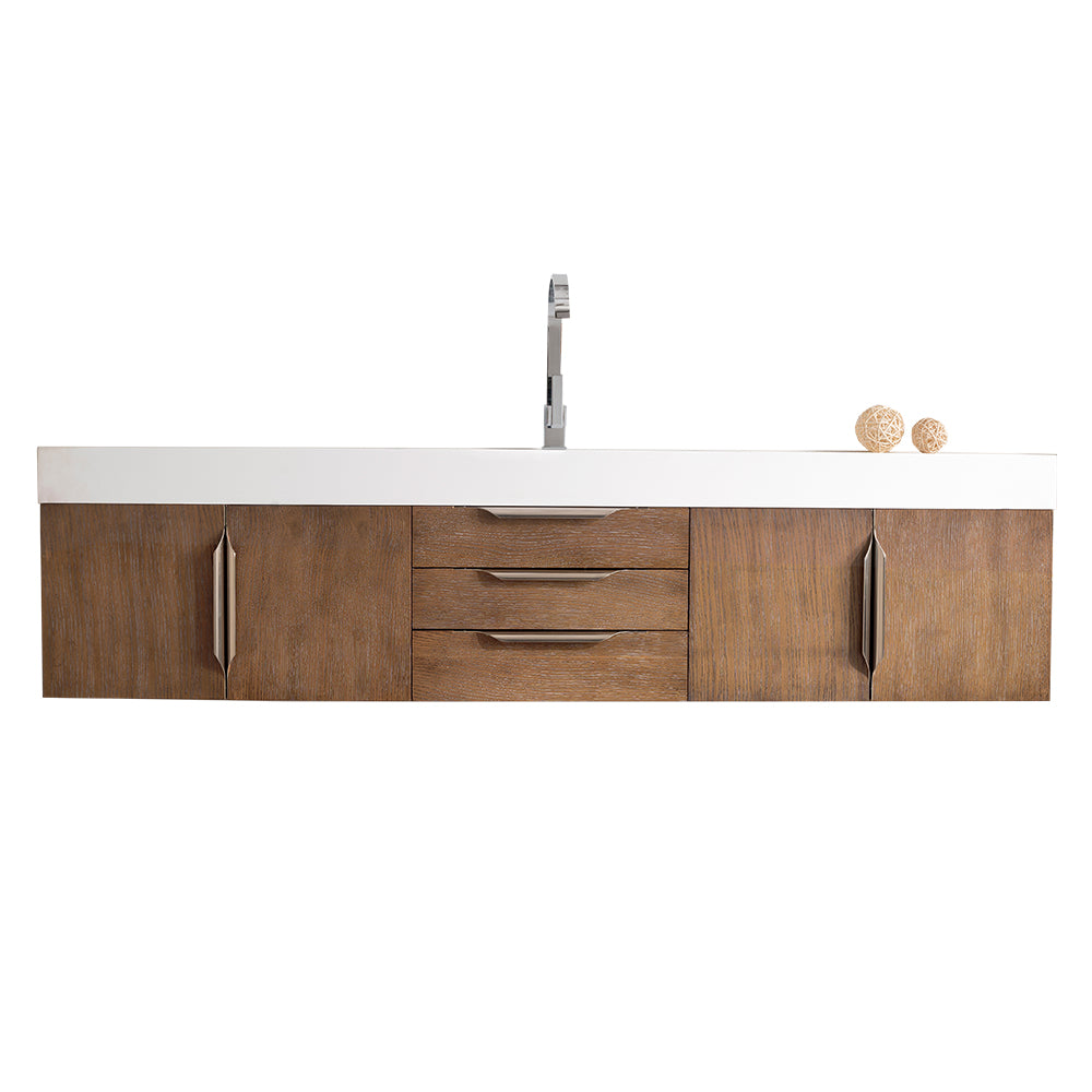 James Martin Vanities Columbia 72" Single Wall Mount Vanity With Brushed Nickel Base and Glossy White Composite Stone Top
