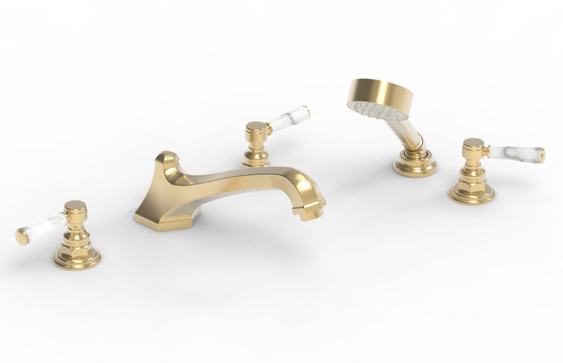 Phylrich HEX TRADITIONAL Deck Tub Set with Hand Shower - White Marble Lever Handles