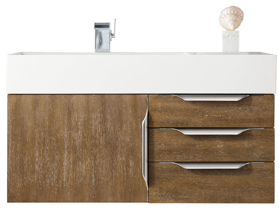James Martin Vanities Columbia 36" Single Wall Mount Vanity With Brushed Nickel Base and Glossy White Composite Stone Top
