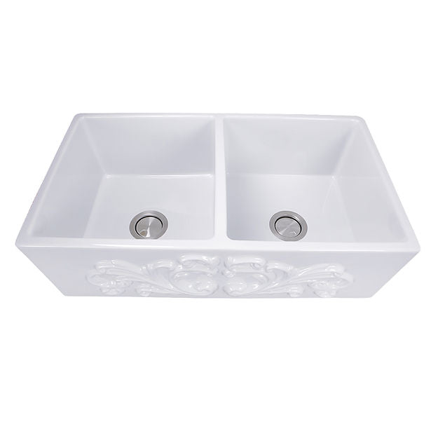 Nantucket Sinks Double Bowl Farmhouse Fireclay Sink with Filigree Apron - White