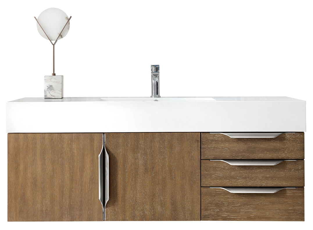 James Martin Vanities Columbia 48" Single Wall Mount Vanity With Brushed Nickel and Glossy White Composite Stone Top