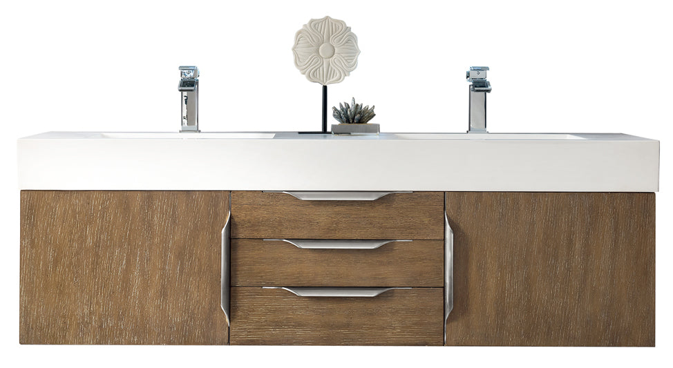 James Martin Vanities Columbia 59" Double Wall Mount Vanity With Brushed Nickel Base and Glossy White Composite Stone Top