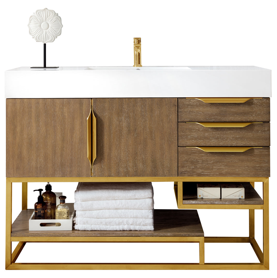 James Martin Vanities Columbia 48" Single Vanity With Radiant Gold Base and Glossy White Composite Stone Top