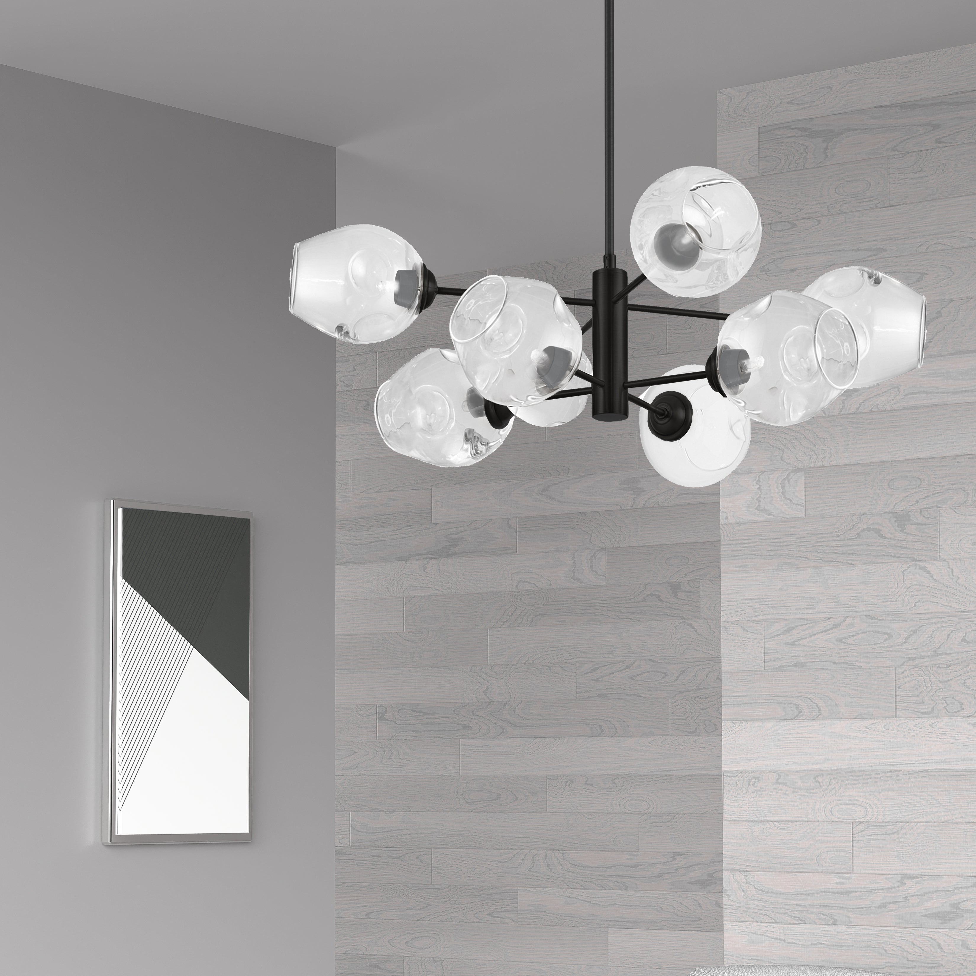 matte black with clear glass chandeliers
